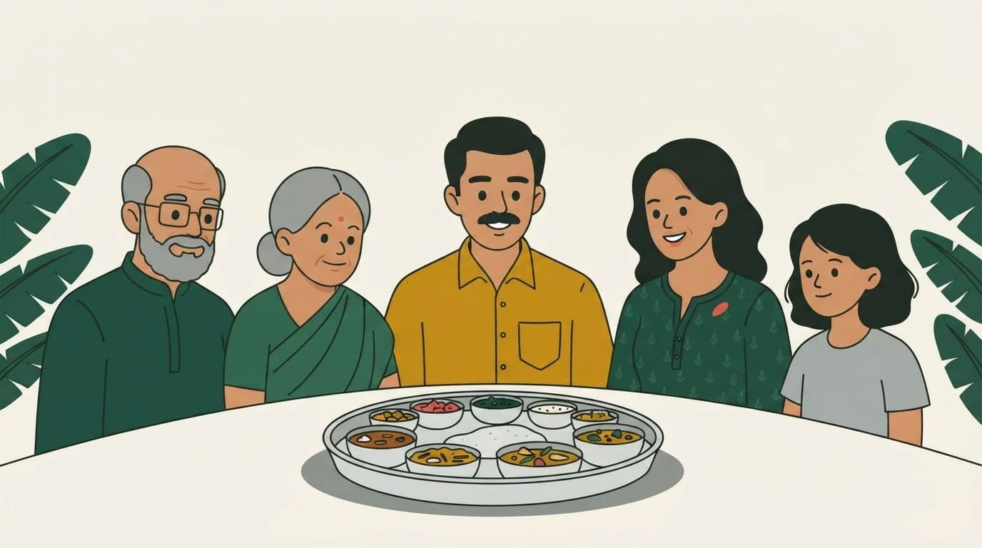 An illustrated Indian family of three generations gathered around a steel thali of home food.